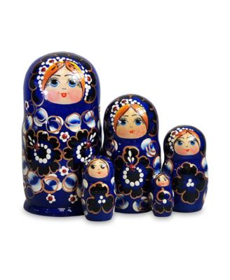Blue Floral 5 Piece Russian Matryoshka Nested Doll Set