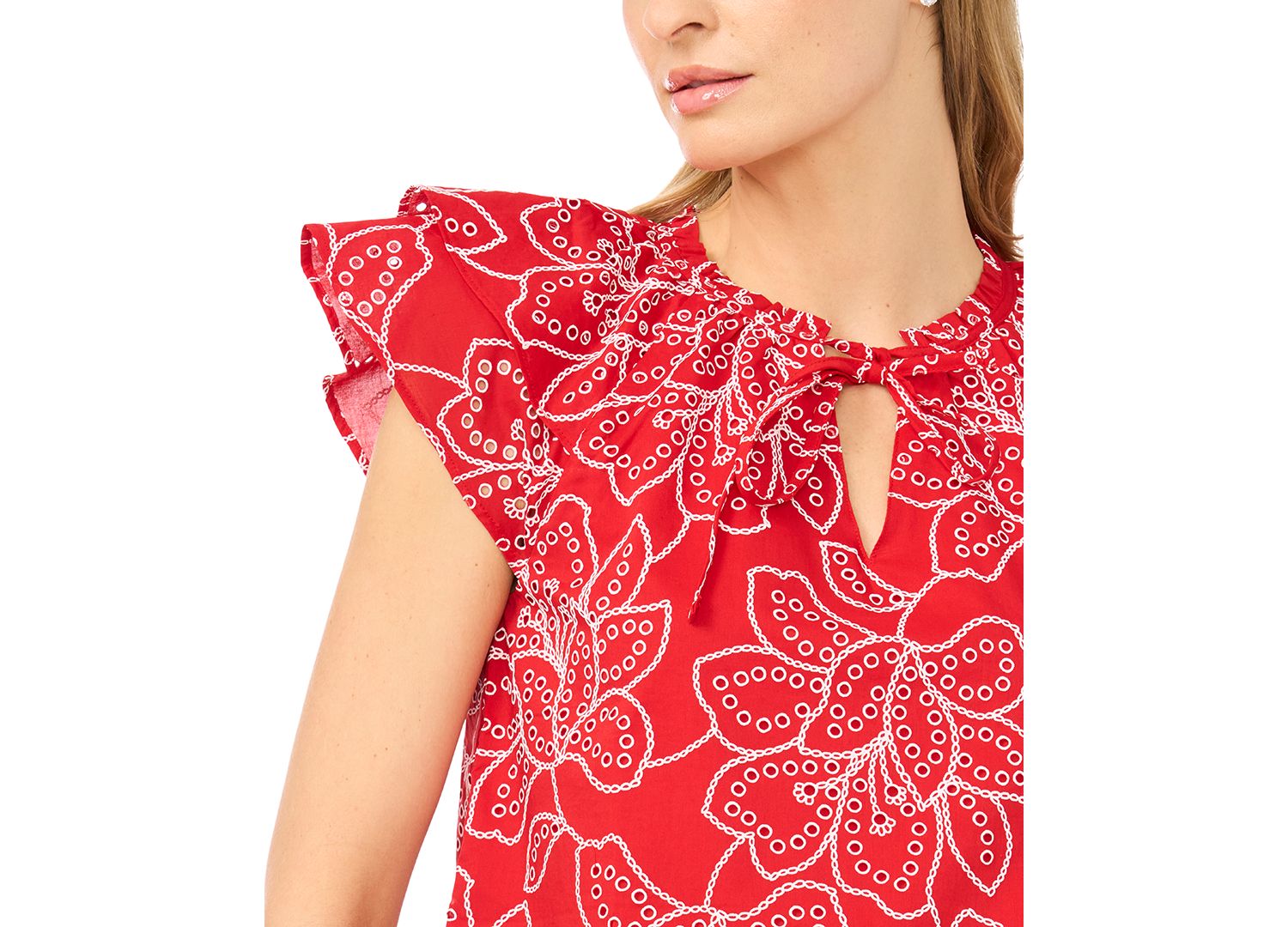 Women's Printed Flutter-Sleeve Tie-Neck Top