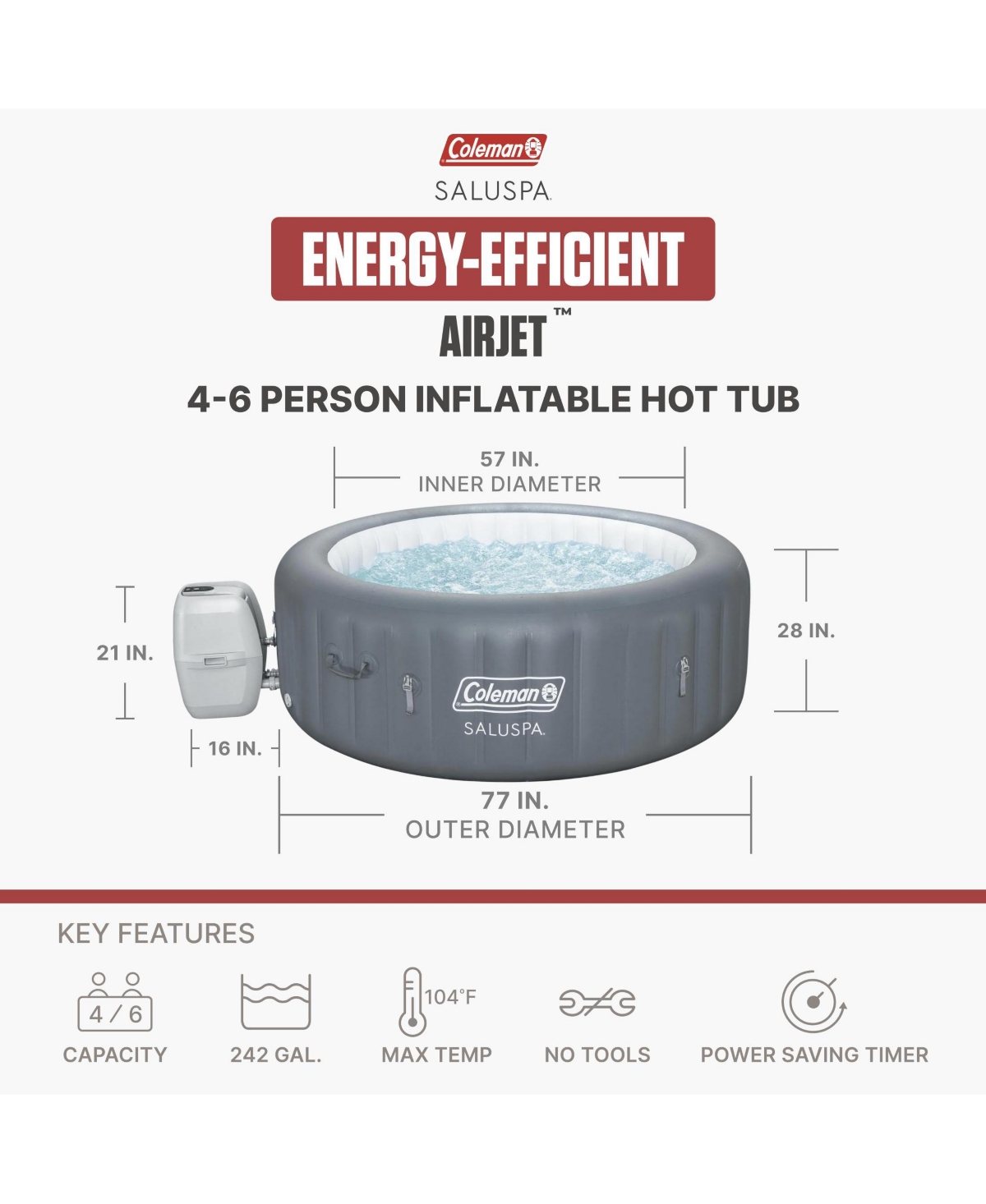 Coleman SaluSpa 4-6 Person AirJet Inflatable Hot Tub with Energy Sense Cover
