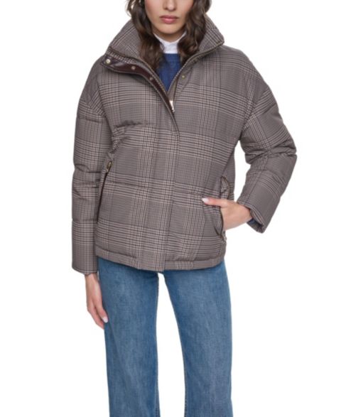 Женская куртка Cole Haan Heritage Plaid Puffer with Stand Collar, цвет: Серый разноцветный