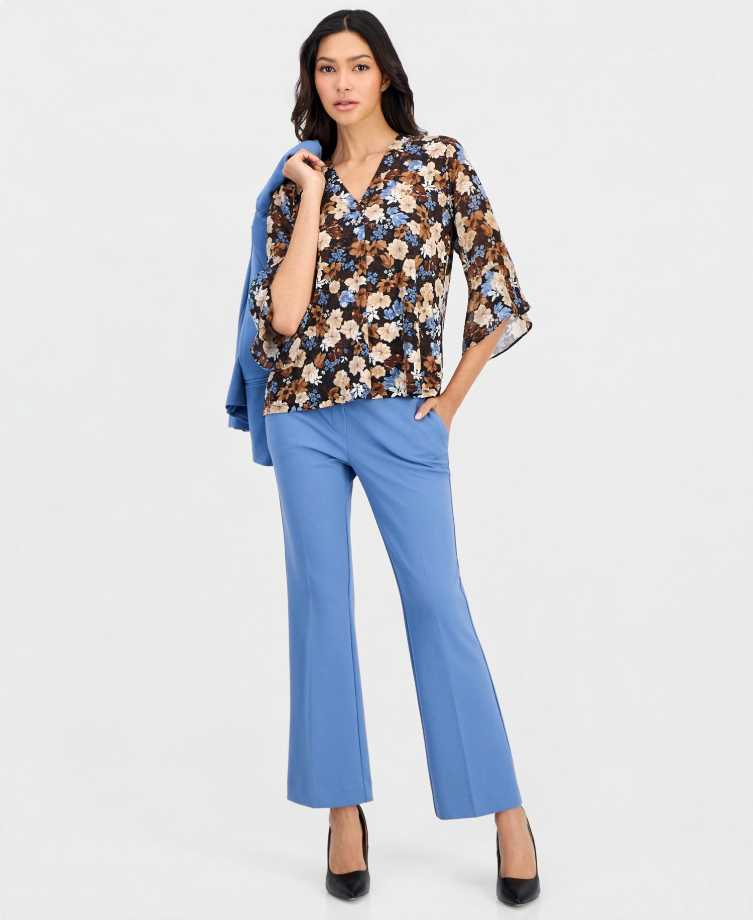 Petite Floral-Print Split-Neck Bell-Sleeve Top