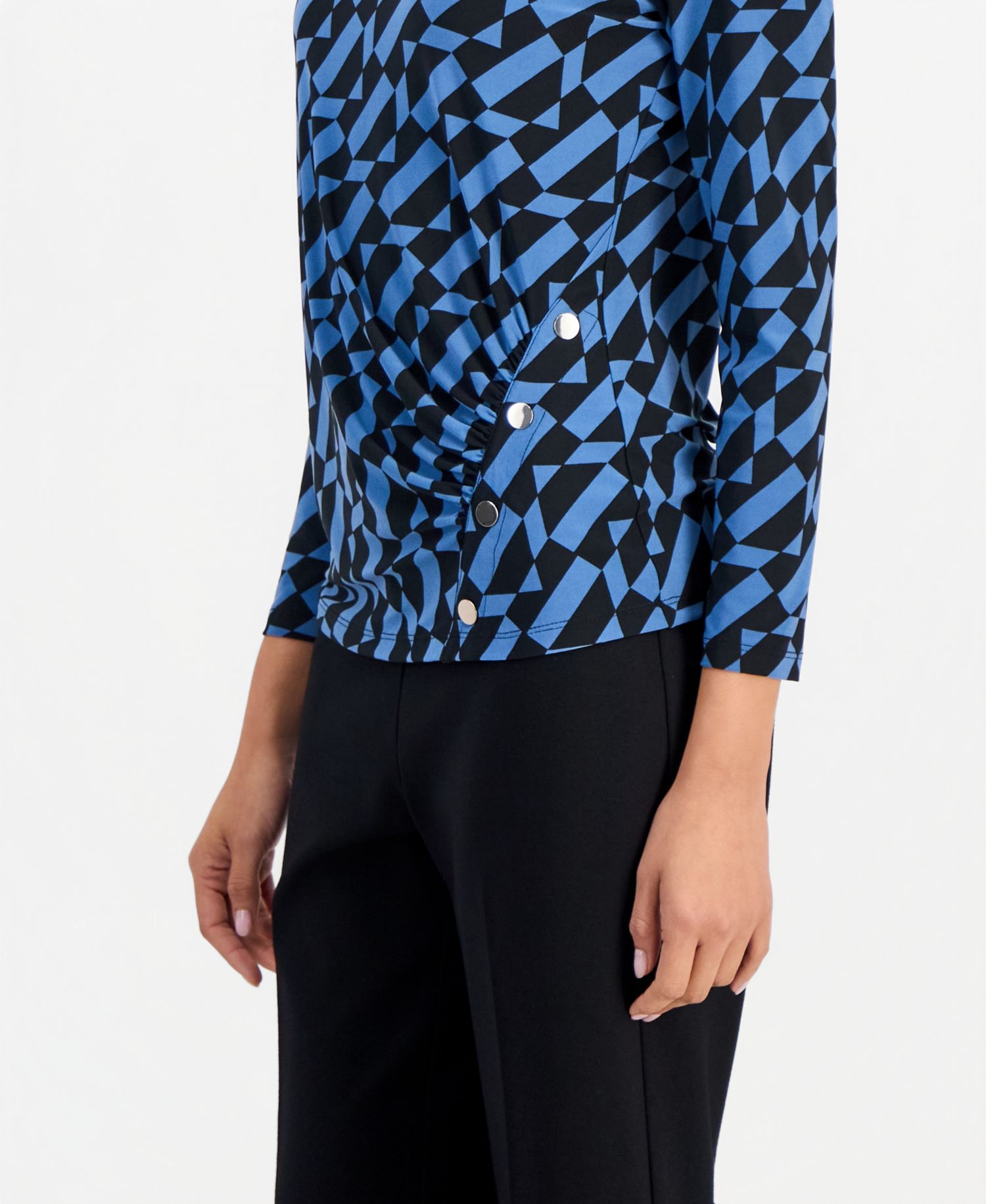 Petite Geo Printed Front Ruche Boat Neck Work Blouse