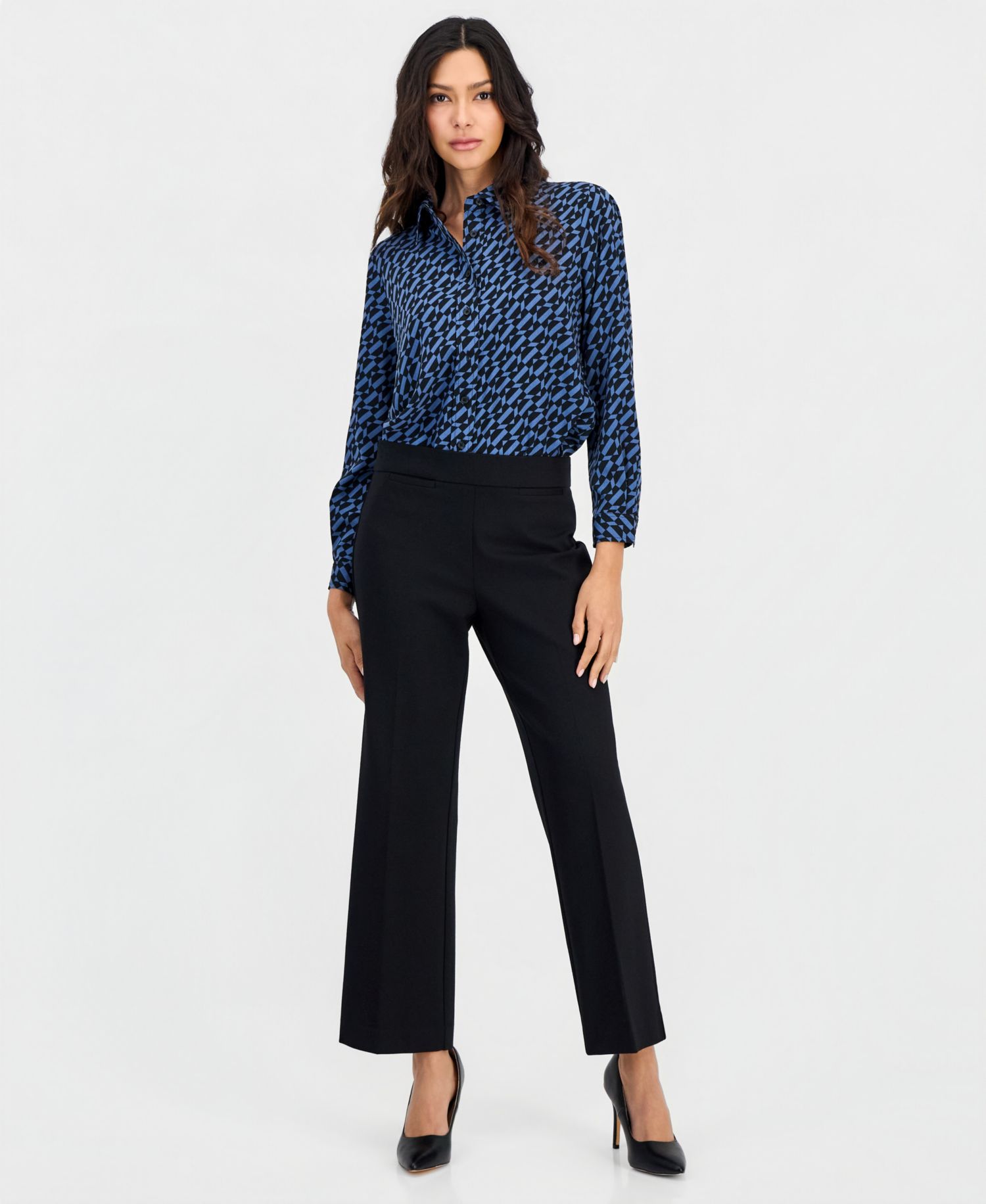 Petite Printed Button-Front Long-Sleeve Blouse