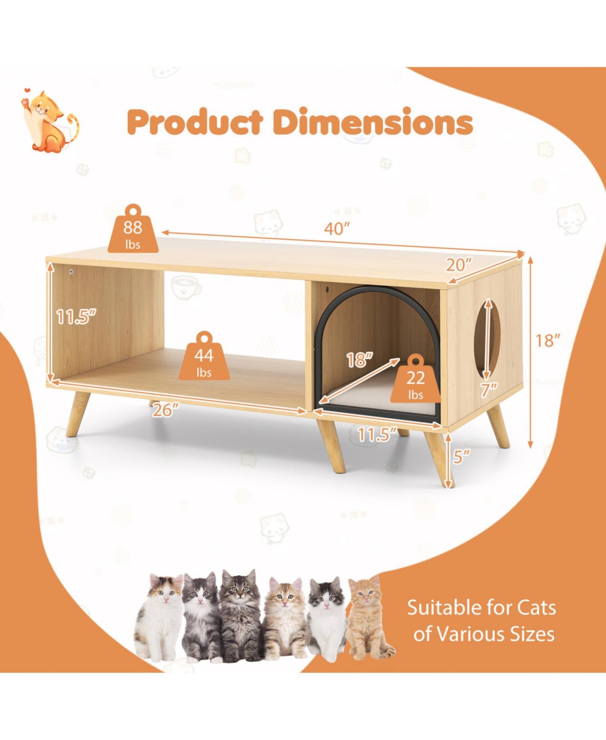 Cozito 40 inch Coffee Table Cat House 2-in-1 with Open Storage Shelf, Coffee