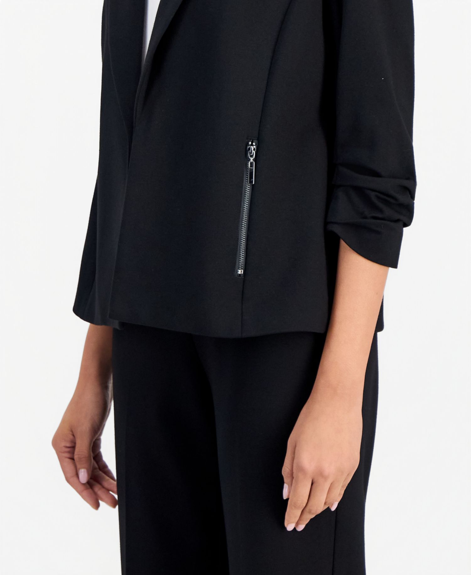 Petite 3/4-Sleeve Open-Front Zip-Pocket Jacket