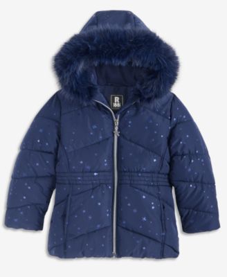 Girls' 2T-6X Foil Quilted Puffer Jacket With Faux-Fur-Trim Hood