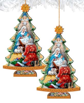 Adoration Nativity Tree Christmas Wooden Ornaments Holiday Decor Set of 2 G. DeBrekht