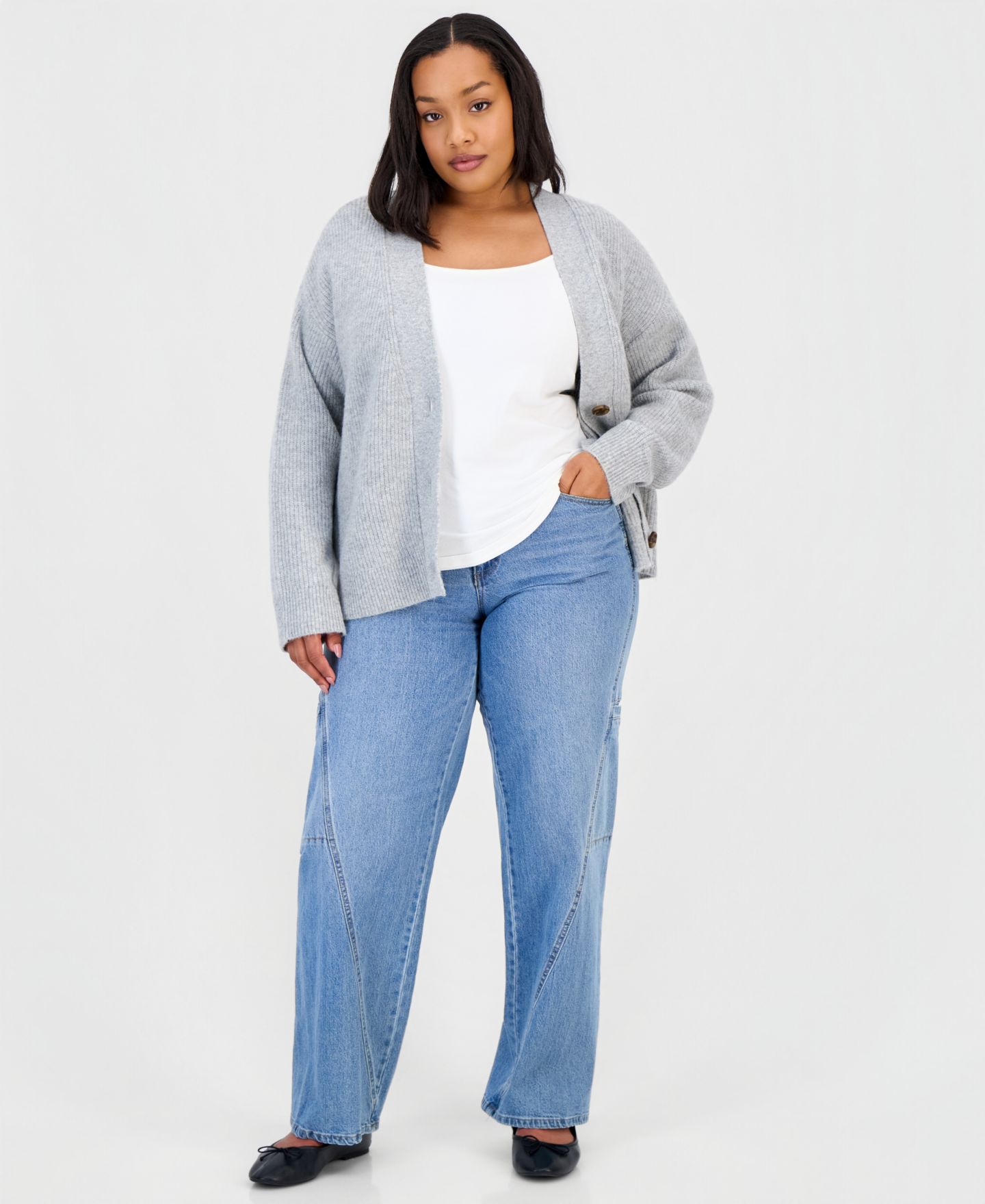 Женский кардиган On 34th Trendy Plus Size Three-Button V-Neck, цвет: Светлый серый — фото 2