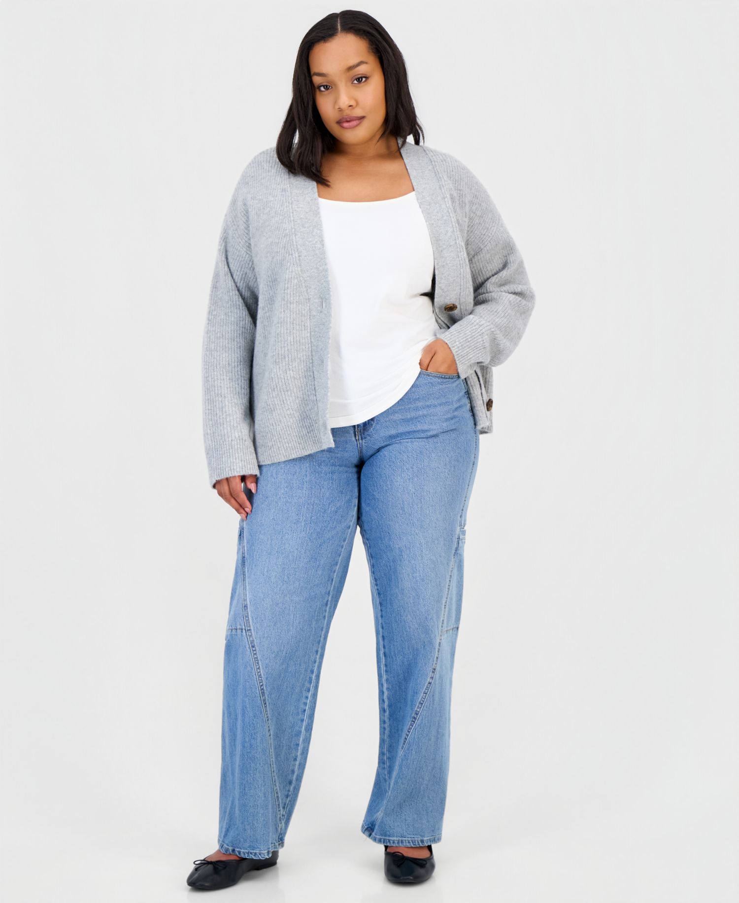 Trendy Plus Size Three-Button V-Neck Cardigan