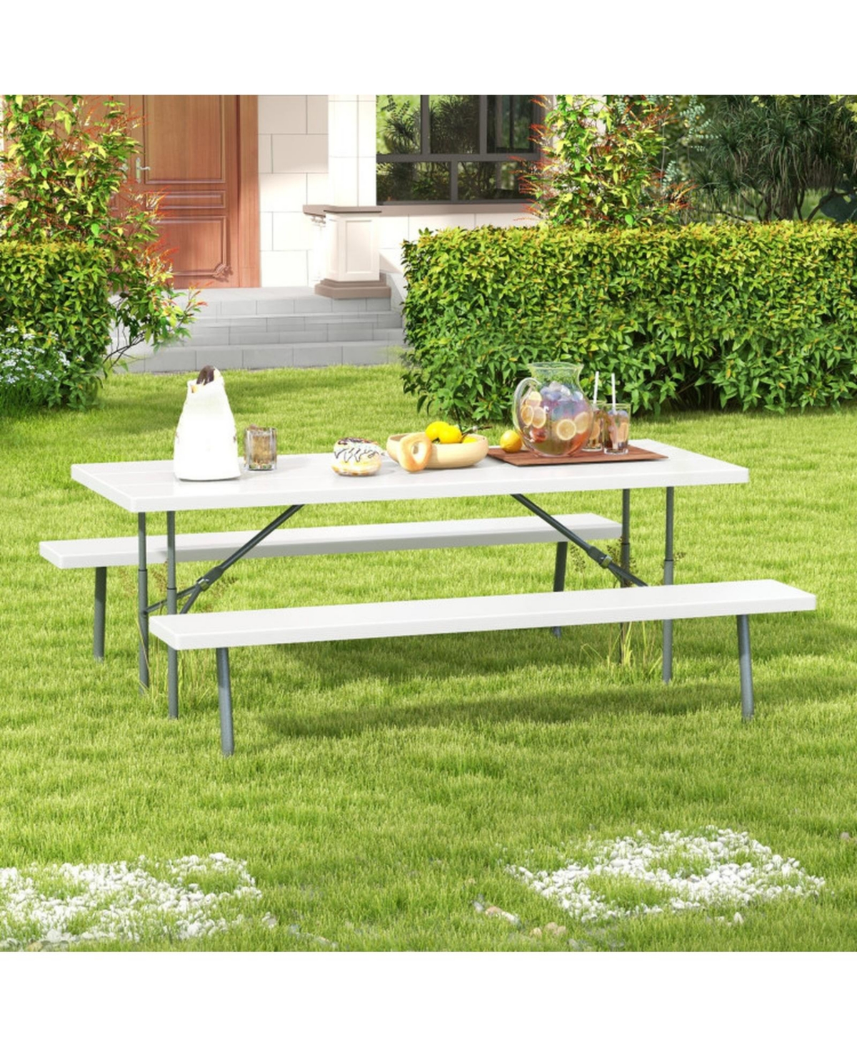 Gouun Metal Frame Folding Outdoor Dining Table Set with Umbrella Hole