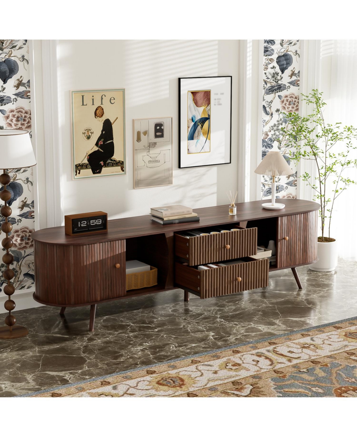 Rainsken 70inch Fluted Tv Stand for TVs Up to 80inch, with Tambour Doors, Fluted Drawers, Modern Curved Media Console, for Living Room, Bedroom
