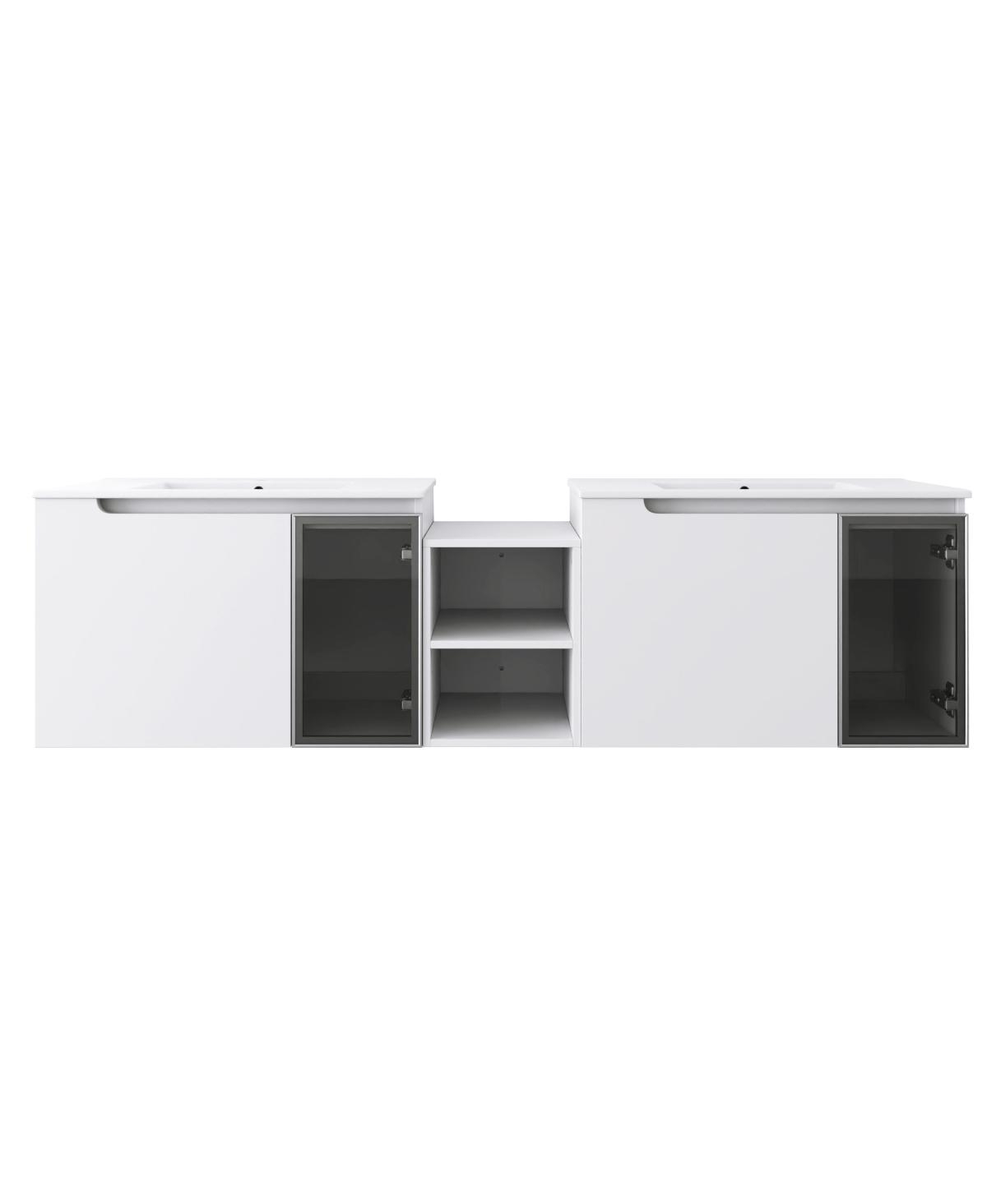 Sillysis Double Sink Wall Mounted Bathroom Vanity with Ceramic Basin, Modern Floating Plywood Cabinet