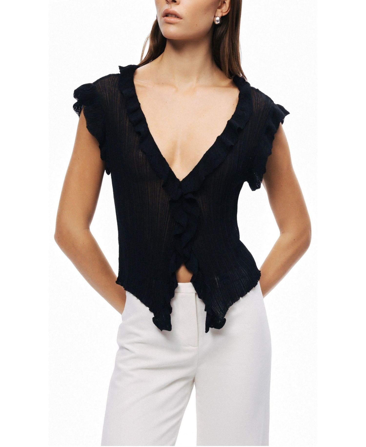 Women's Ruffled V-Neck Sheer Blouse