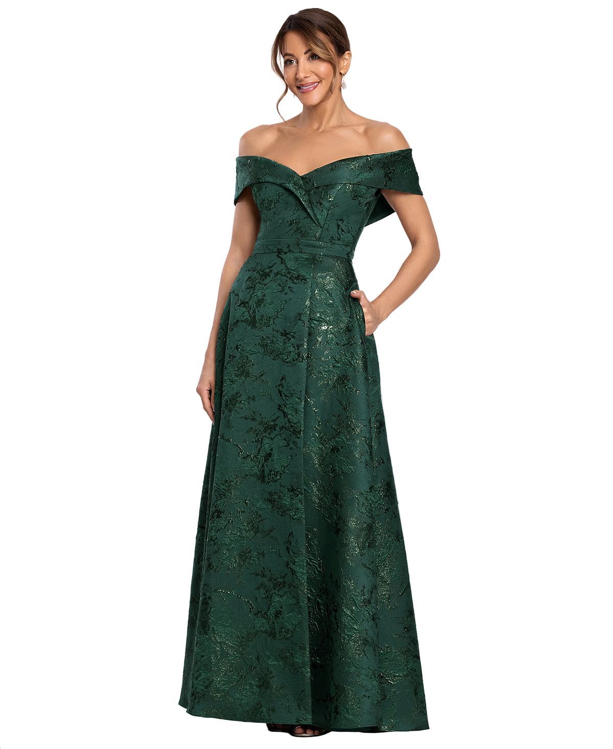 XSCAPE Petite Off-The-Shoulder Brocade Print Ball Gown view 1 — MAYCSS fashion products