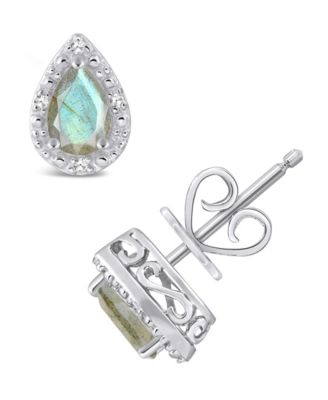 Onyx & Diamond Accent Pear Stud Earrings in Sterling Silver (Also in Turquoise & Labradorite)