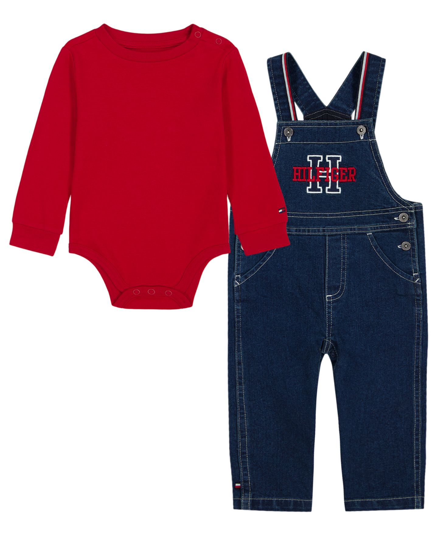 Детский комплект Tommy Hilfiger для малыша: джинсовый полукомбинезон и боди, цвет: Джинсовый / Красный — фото 3