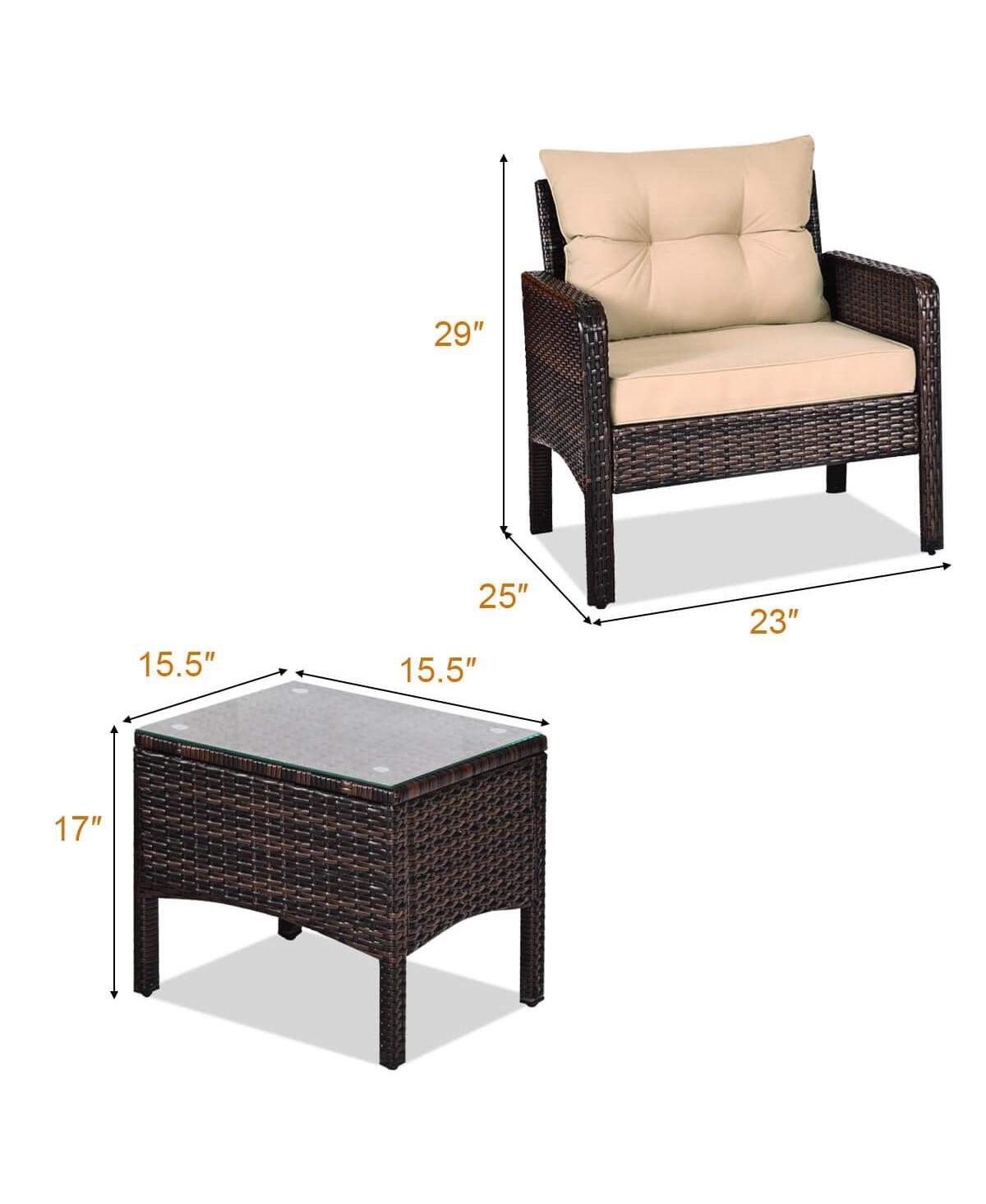 Costway 3 Pieces Patio Pe Wicker Furniture Set with Cushions and Tempered Glass Coffee Table