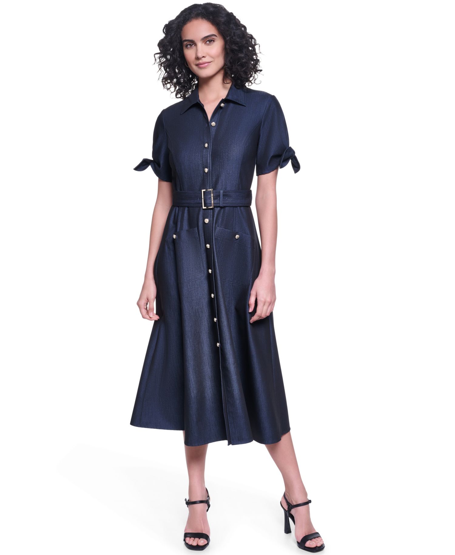 Women's Denim Belted Midi Shirt Dress