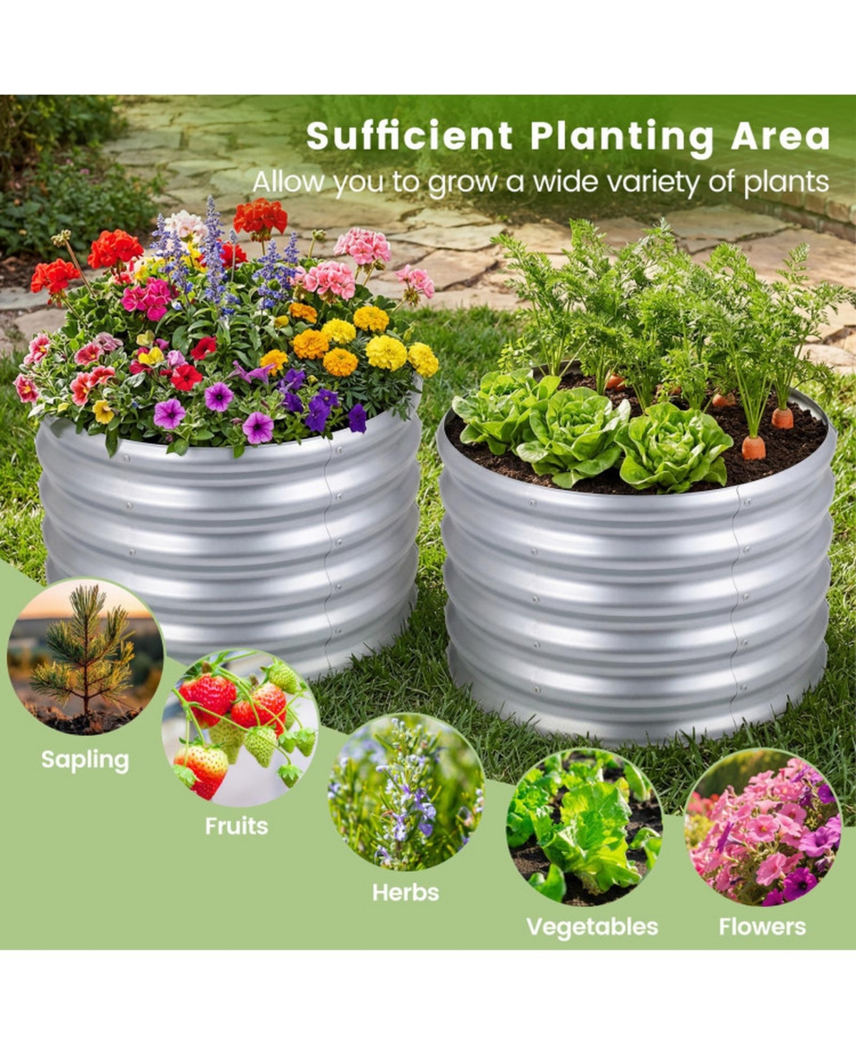 Gouun Round Galvanized Steel Raised Garden Bed with Open-Ended Base Medium
