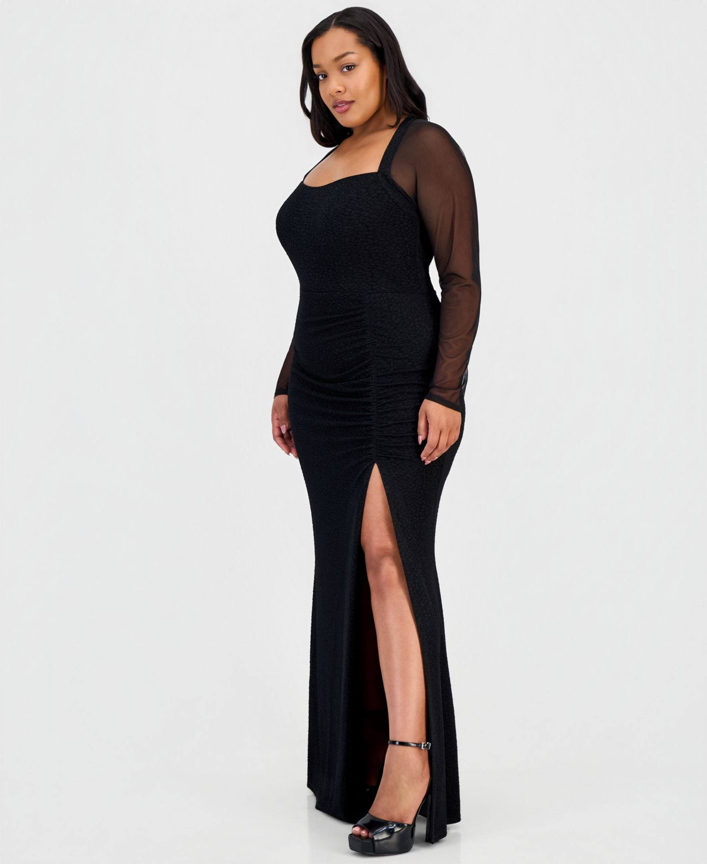 Женские платья City Studios Trendy Plus Size Mesh-Sleeve High-Slit Gown, цвет: Чёрный — фото 5