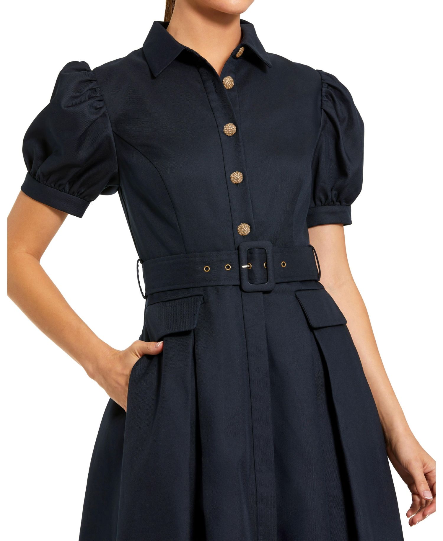 Women's Puff Sleeve Shirt Dress with Belted Waist