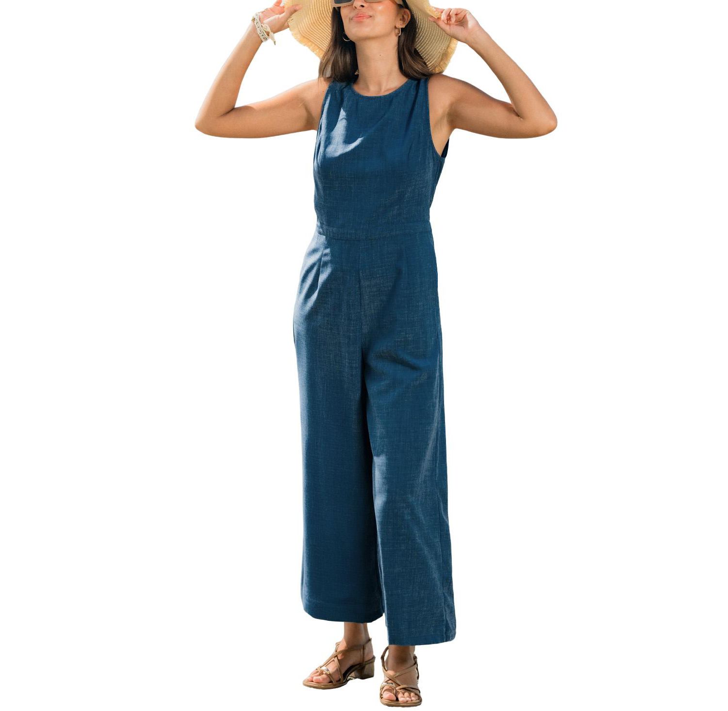 Women's Crew Neck Zip-Front Unlined Jumpsuit