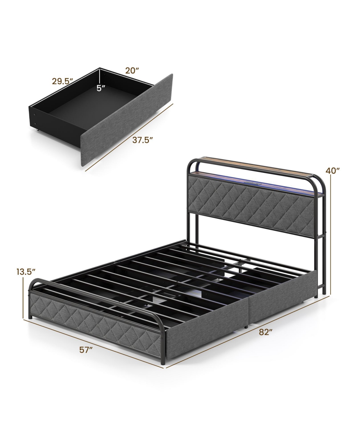 Slickblue Modern Platform Bed Frame with Led Lighting and Power Outlet