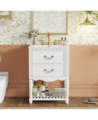 24" Vintage Wave Bathroom Vanity With Ceramic Sink, 2 Soft-Close Drawers Open Shelf, 8" Faucet Fit
