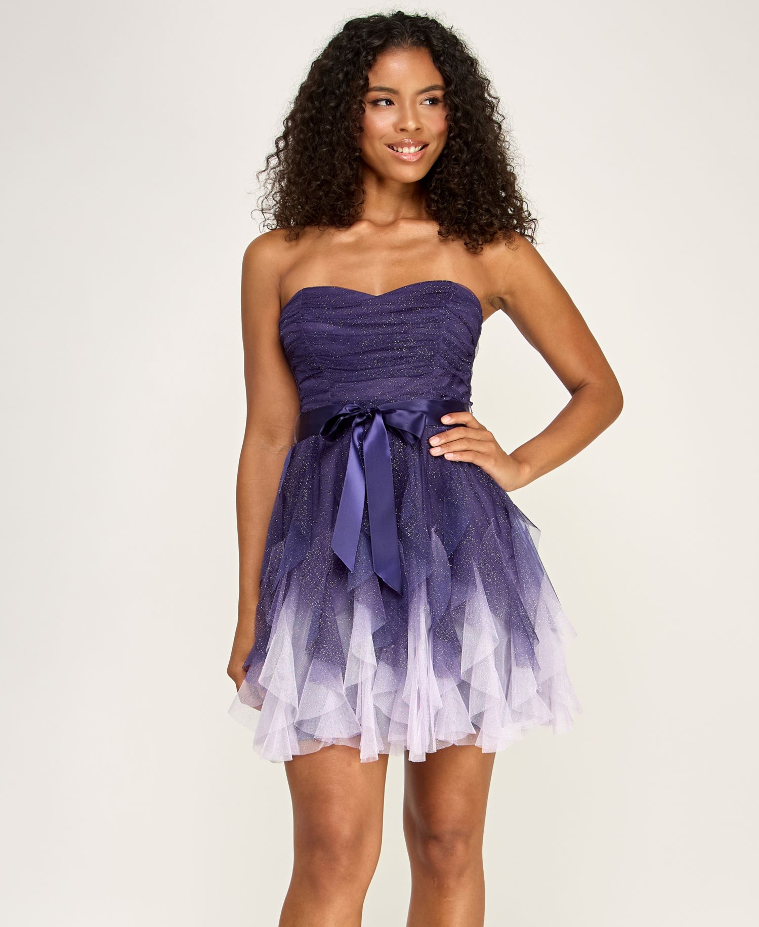 Juniors' Ombre Glitter Ruffled Petal Dress with Ribbon