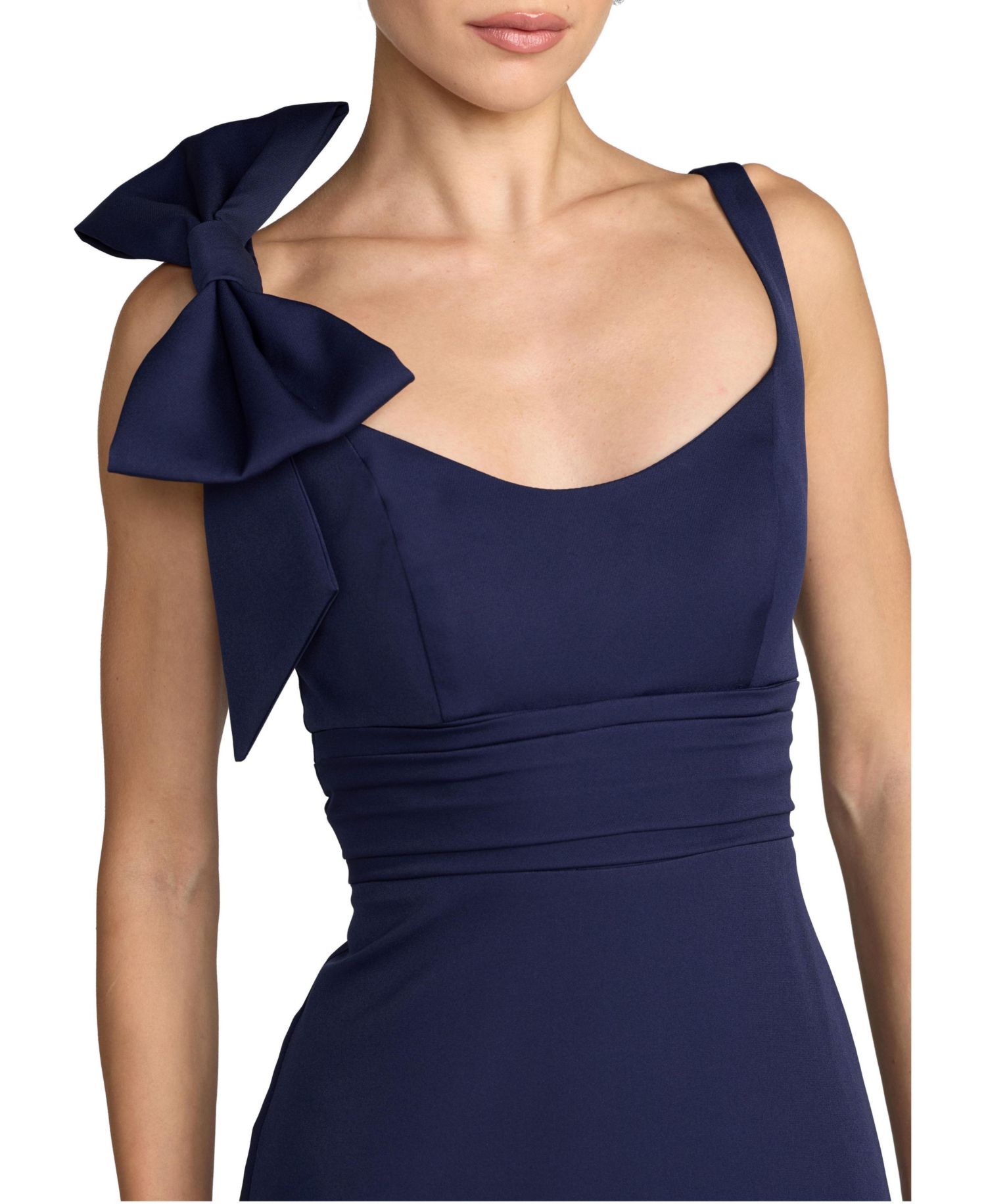 Petite Sleeveless Crepe Gown with Scoop Neck and Bow Detail