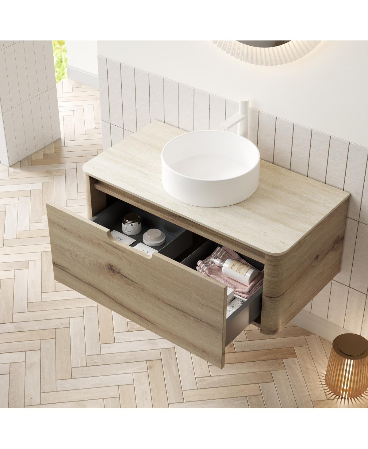 Sillysis Wall Mounted Bathroom Vanity with Ceramic Round Basin, Sintered Stone Top, Soft Close Drawer, Available in 24 30 36 Inch