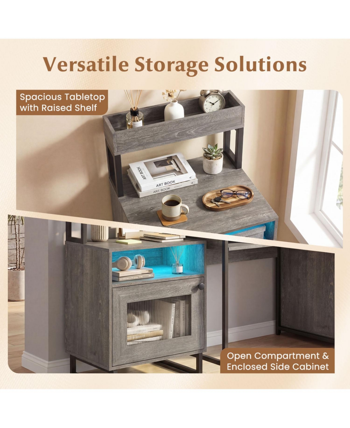 Slickblue Nightstand with Led Lighting, Top Tray, Open Compartment & Cabinet Storage