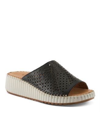 Women's Rhydian Slip-On Leather Wedge Sandals – Perforated Flower Design, Cushioned Footbed