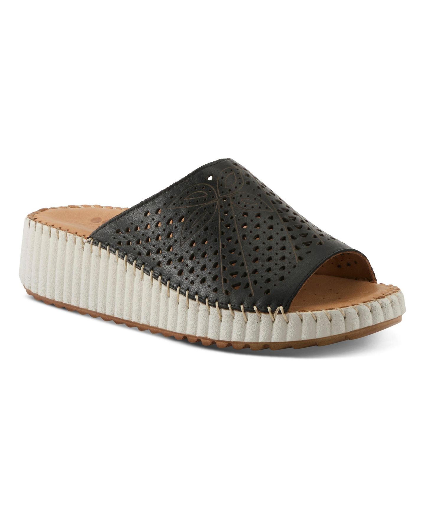 Женские сандалии Spring Step Rhydian Slip-On Leather Wedge Sandals Perforated Flower Design, Cushioned Footbed., цвет: Чёрный — фото 1