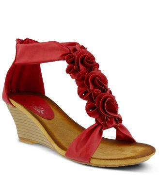 Women's Ankle Strap Wedge with Floral Embroidery
