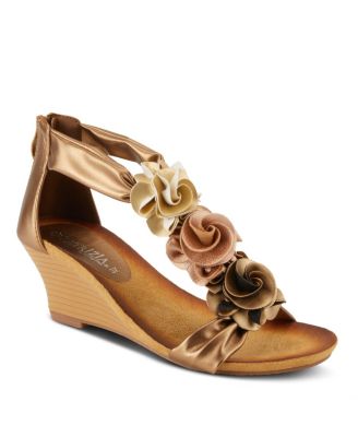Women's Ankle Strap Wedge with Floral Embroidery
