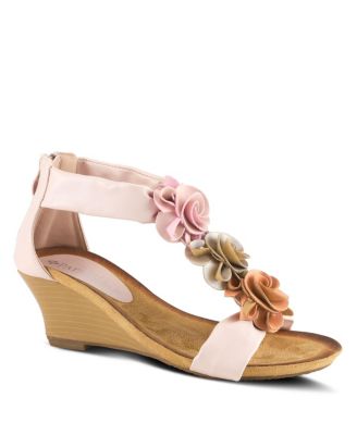 Women's Ankle Strap Wedge with Floral Embroidery