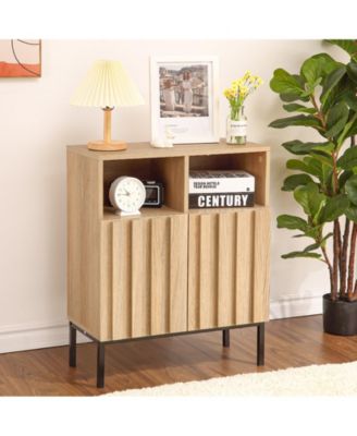 Modern Industrial Entryway Storage Cabinet, Fluted Panel Door, Adjustable Shelves, Metal Legs, Buffet Sideboard