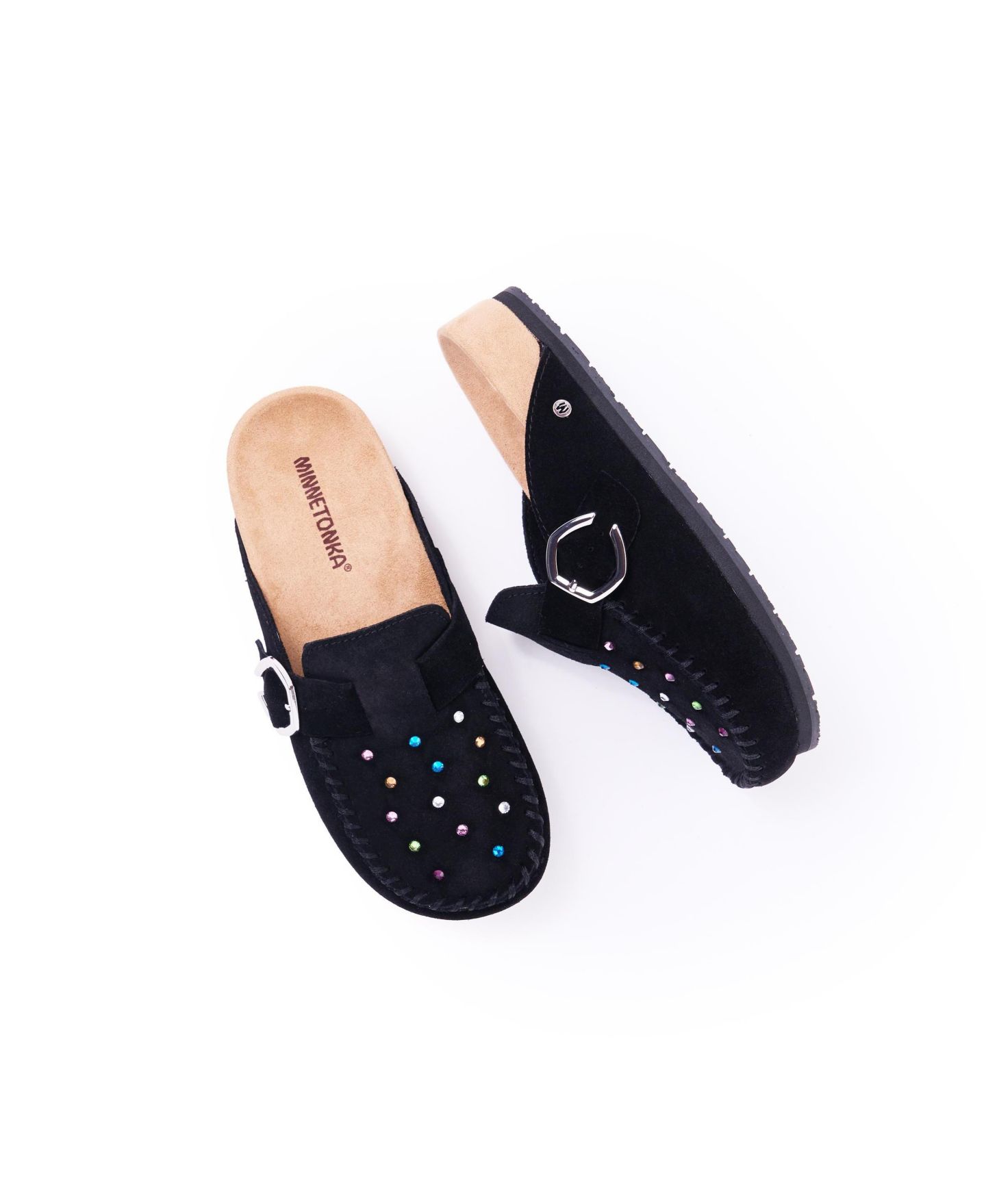 Женские сабо Minnetonka Rhinestone Suede Adjustable Buckle, цвет: Чёрный — фото 5