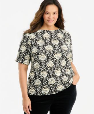 Plus Size Printed Boat-Neck Elbow Sleeve Top