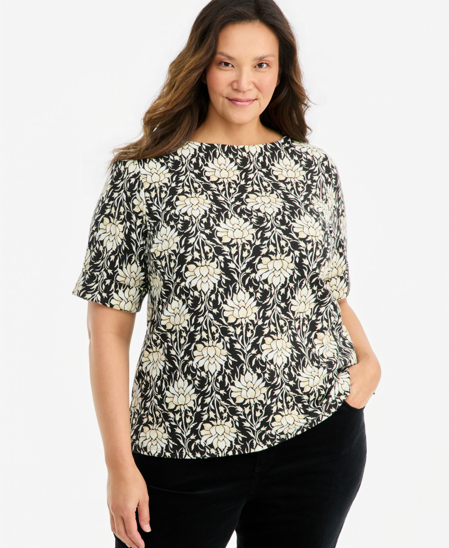 Plus Size Printed Boat-Neck Elbow Sleeve Top