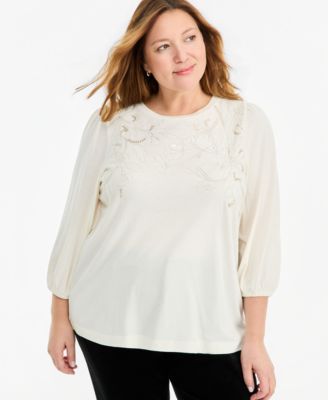 Plus Size 3/4-Sleeve Shine Embroidery Top
