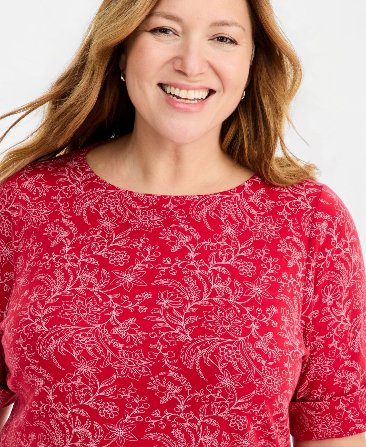 Plus Size Printed Boat-Neck Elbow Sleeve Top