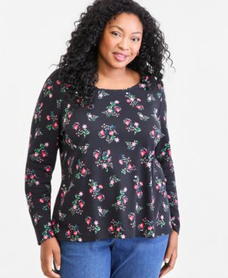 Plus Size Printed Long-Sleeve Scoop-Neck Top