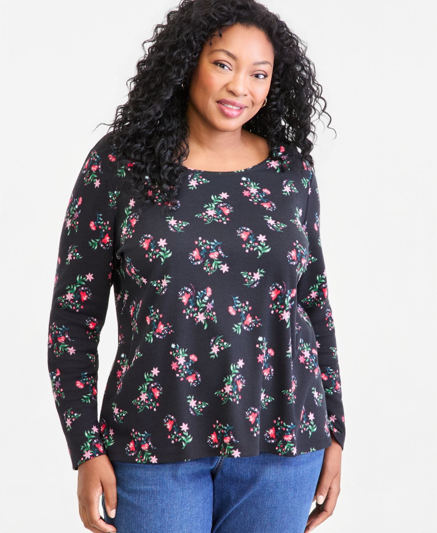 Plus Size Printed Long-Sleeve Scoop-Neck Top