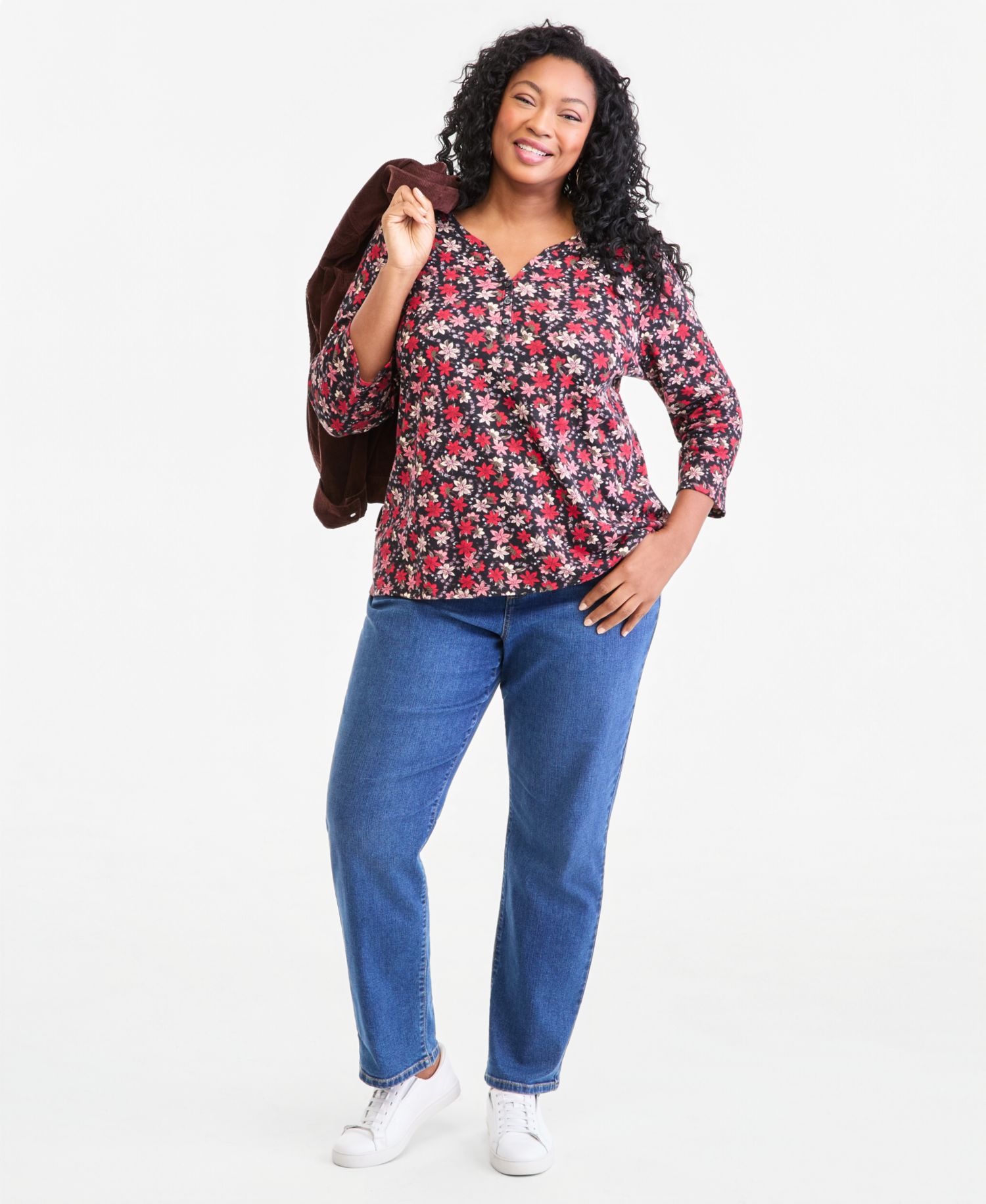 Petite Printed 3/4-Sleeve Henley Top
