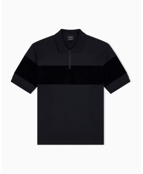 Мужское поло A|X Armani Exchange Regular Fit Short Sleeve Mercerized Cotton Colorblock Zip Polo Shirt, цвет: Чёрный