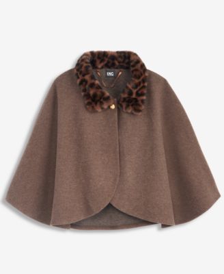 Women's Solid Faux-Fur Animal-Print-Collar Cropped Cape