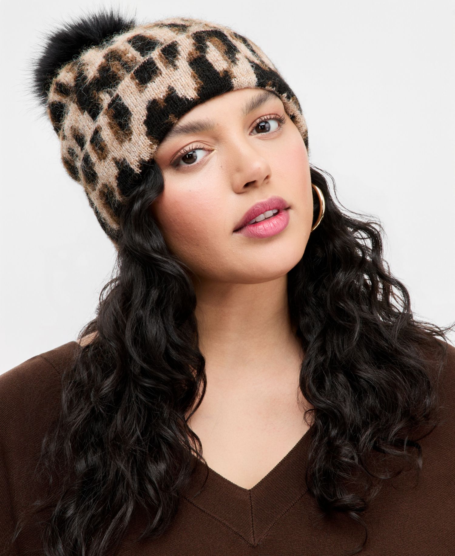 Women's Leopard-Print Knit Pom-Pom Beanie