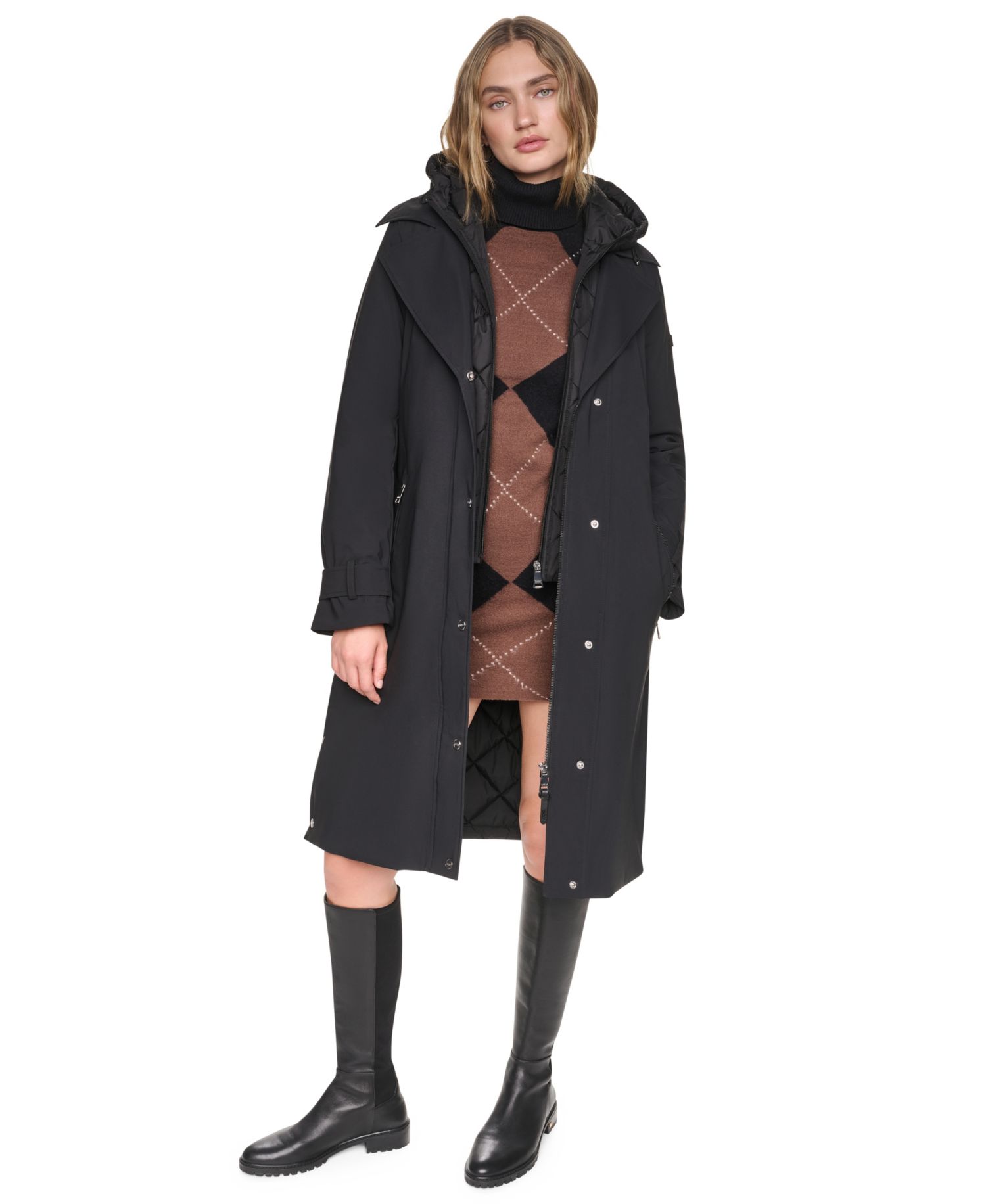 Women's Belted Trench with Hooded Bib Coat
